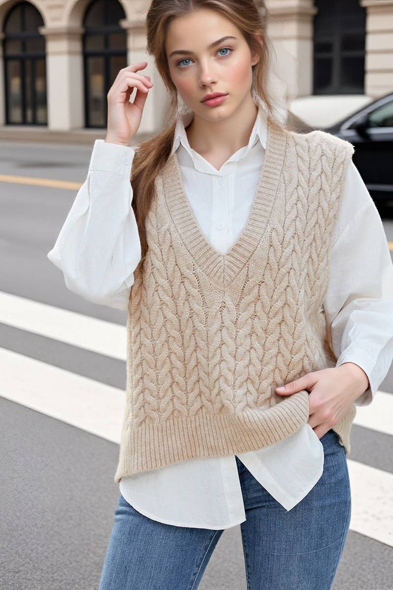 CWOV00137_VINTAGE CABLE KNIT V-NECK SLEEVELESS VEST