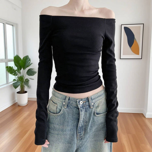 Basic simple solid-color one-shoulder T-shirt