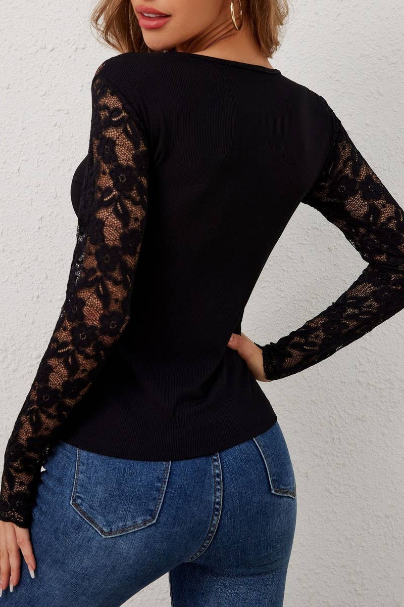 CWTBLL3476_V-NECK LACE PANEL SLIM-FIT LONG-SLEEVED TOP