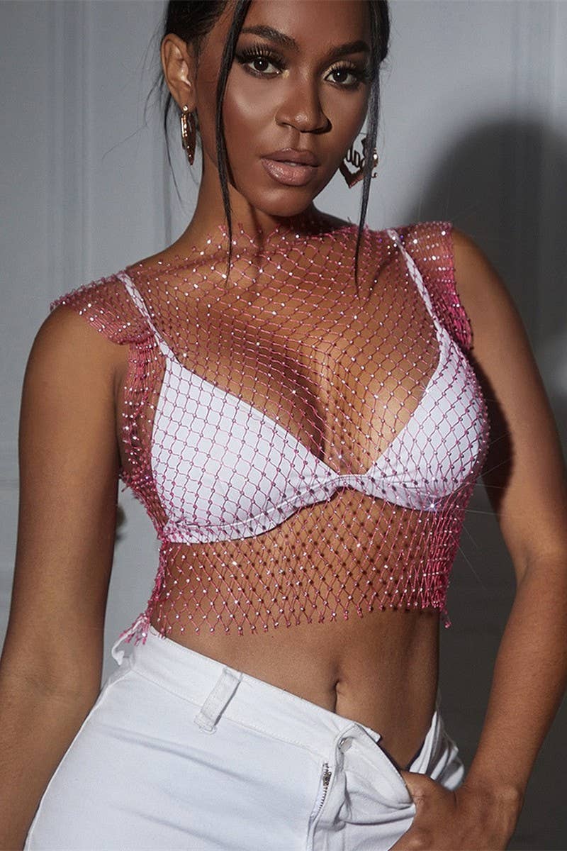 CWTTSL0401_SUMMER RHINESTONE GRID SPARKLING DIAMOND T-SHIRT