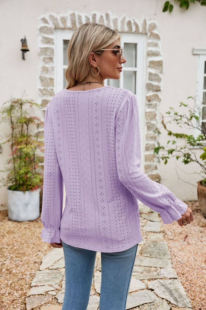 CWTBLL1045_SOLID COLOR V-NECK EYELET LOOSE TOP