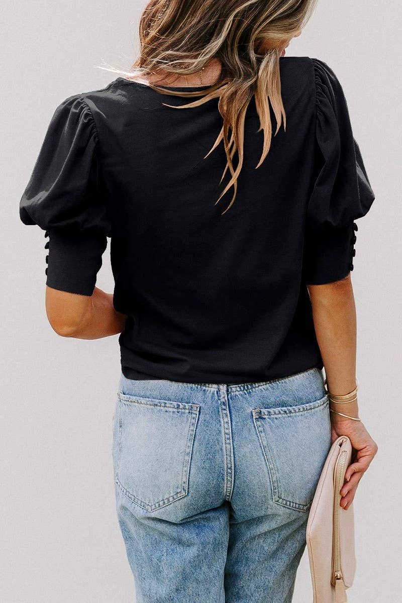 CWTBLS1601_ROUND NECK SOLID COLOR LOOSE SHORT SLEEVE TOP