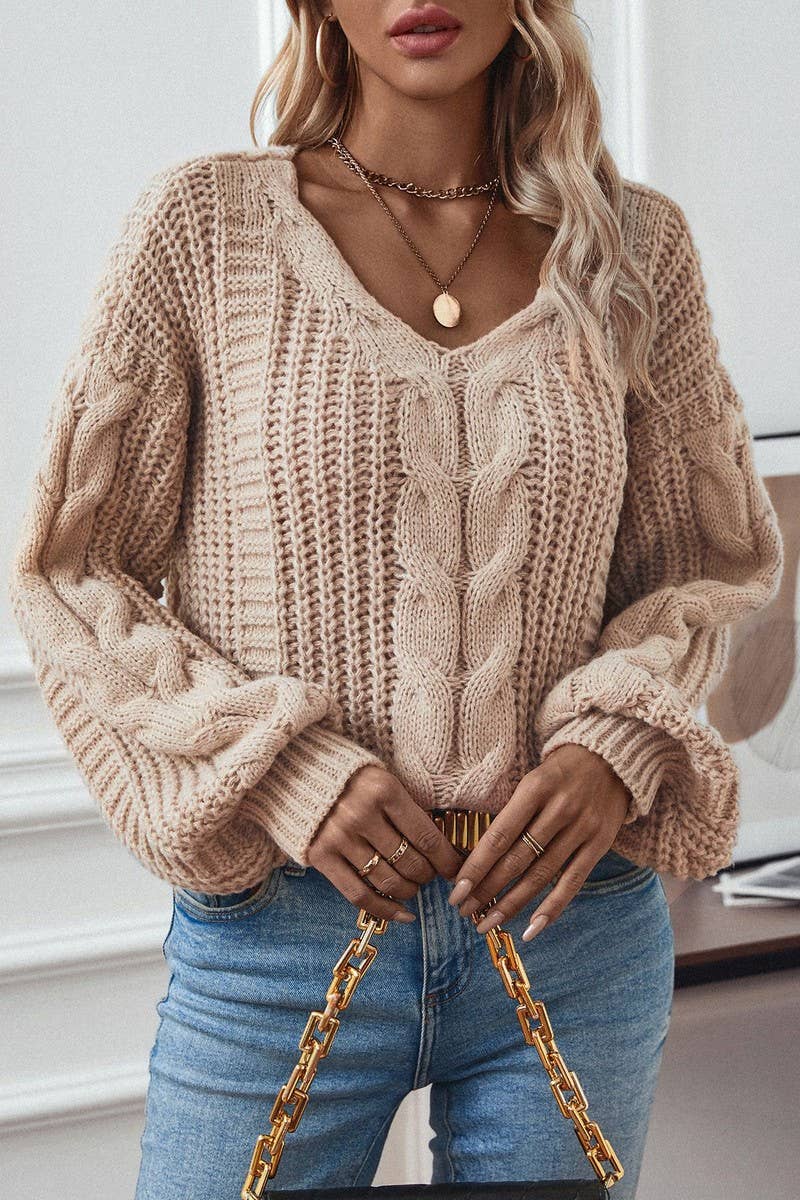 CWOSWL2845_CABLE LANTERN SLEEVE TWIST KNIT SWEATER