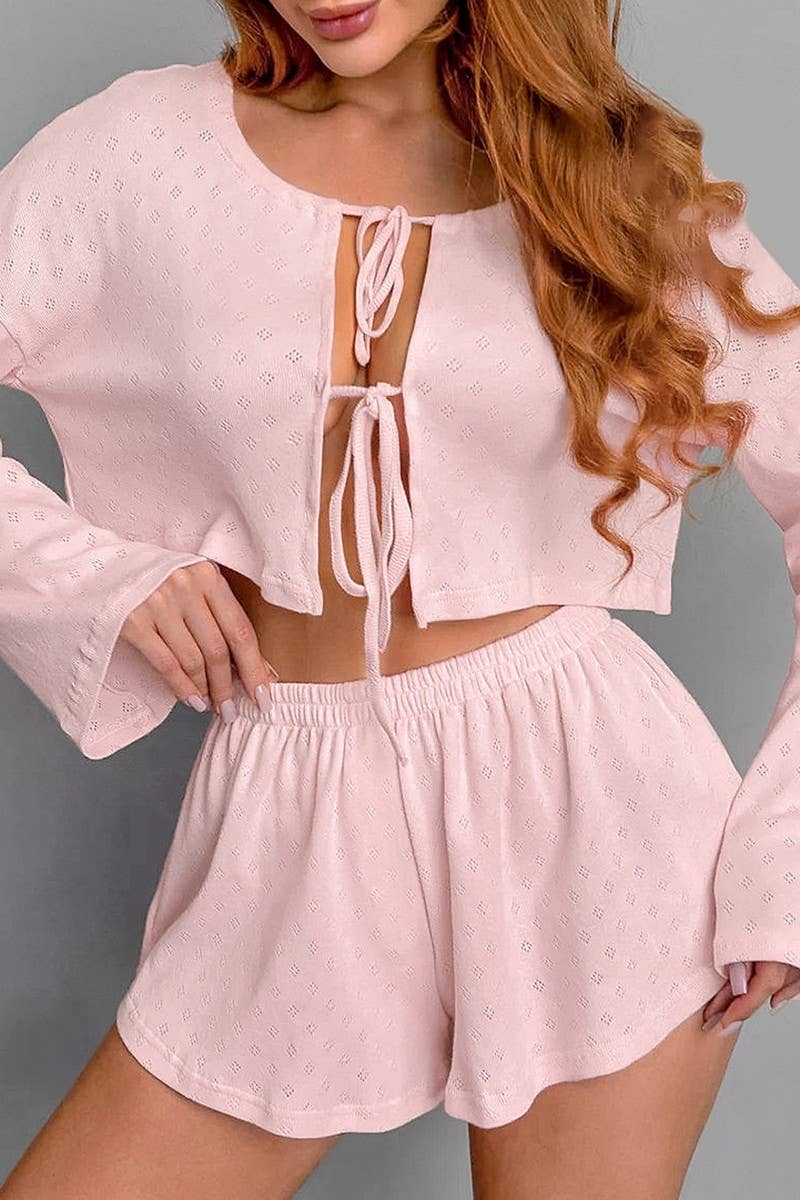 CWSPJ0333_KNITTED JACQUARD LONG SLEEVE SHORTS PAJAMA SET