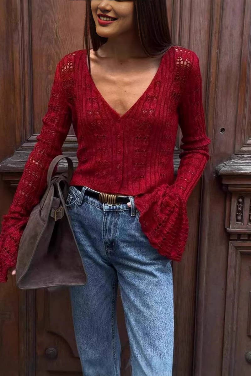 CWTTL2015_KNITTED SEXY HOLLOW TRUMPET SLEEVE TOP CARDIGAN