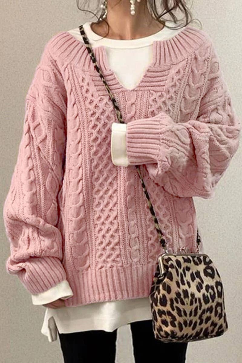CWOSWL6645_CASUAL V-NECK LONG SLEEVE SWEATER WITH TWIST