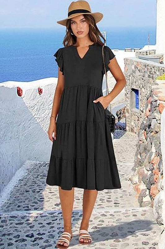 CWDMD6340_V-NECK RUFFLE SLEEVES WIDE POCKET DRESS