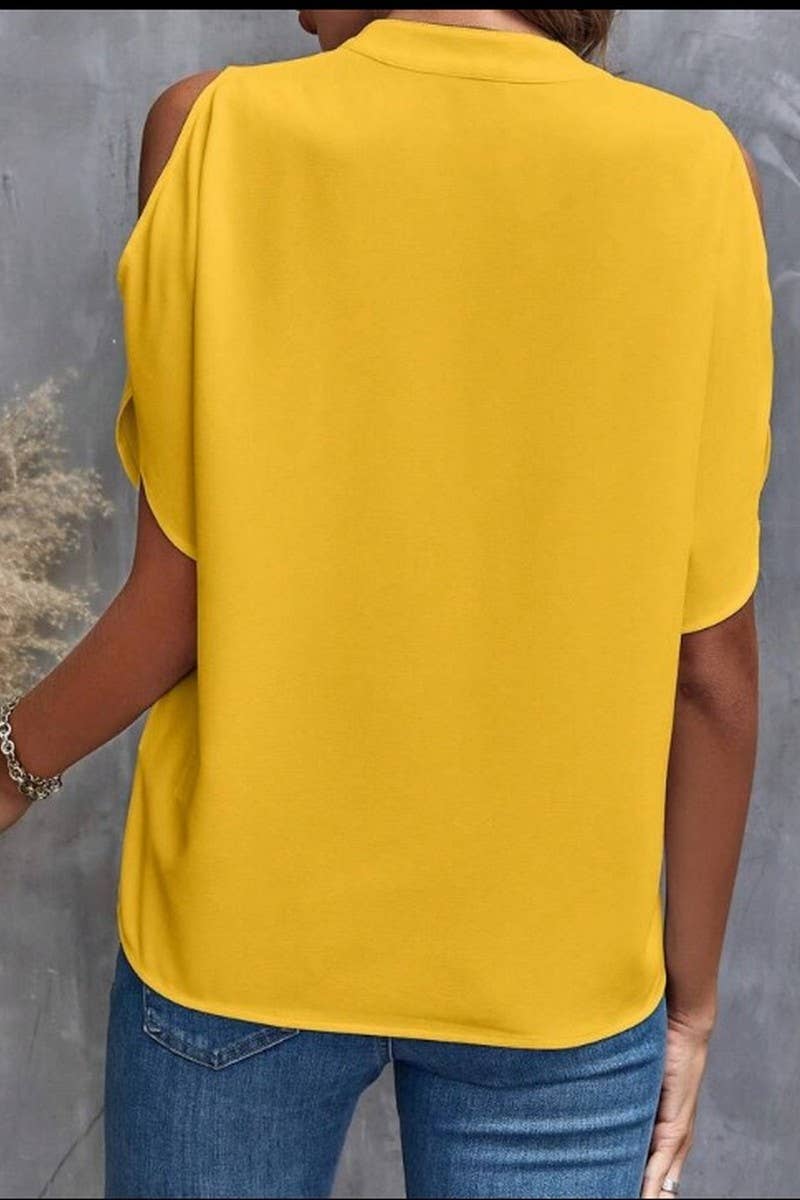 CWTBLS0609_SOLID COLOR V NECK OFF SHOULDER LOOSE CHIFFON TOP