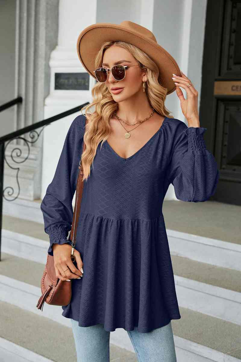 CWTBLL2836_V-NECK LONG SLEEVE PATCHWORK DRESS TOP