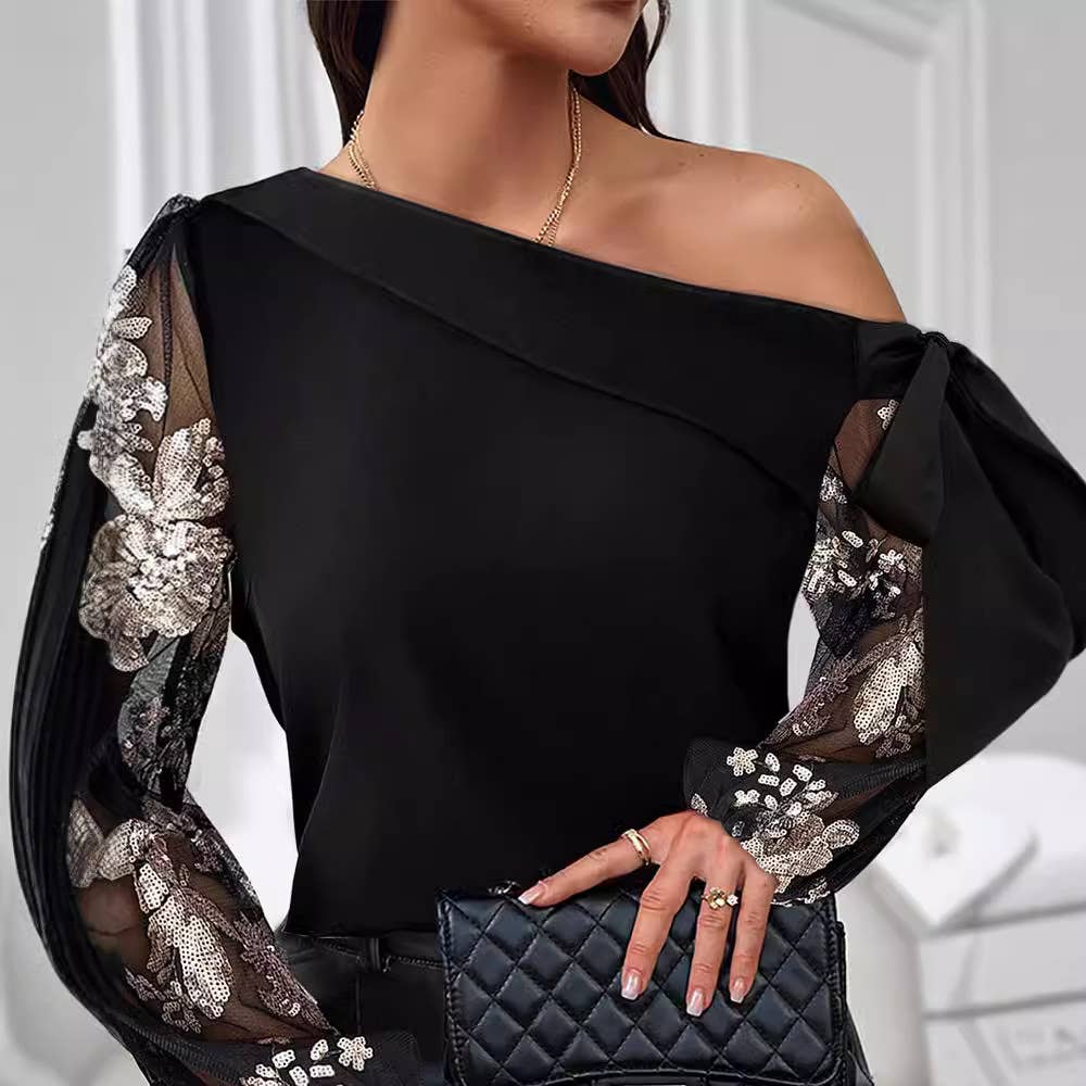 DIAGONAL SHOULDER LACE-UP PATCHWORK BEAD MESH TOP