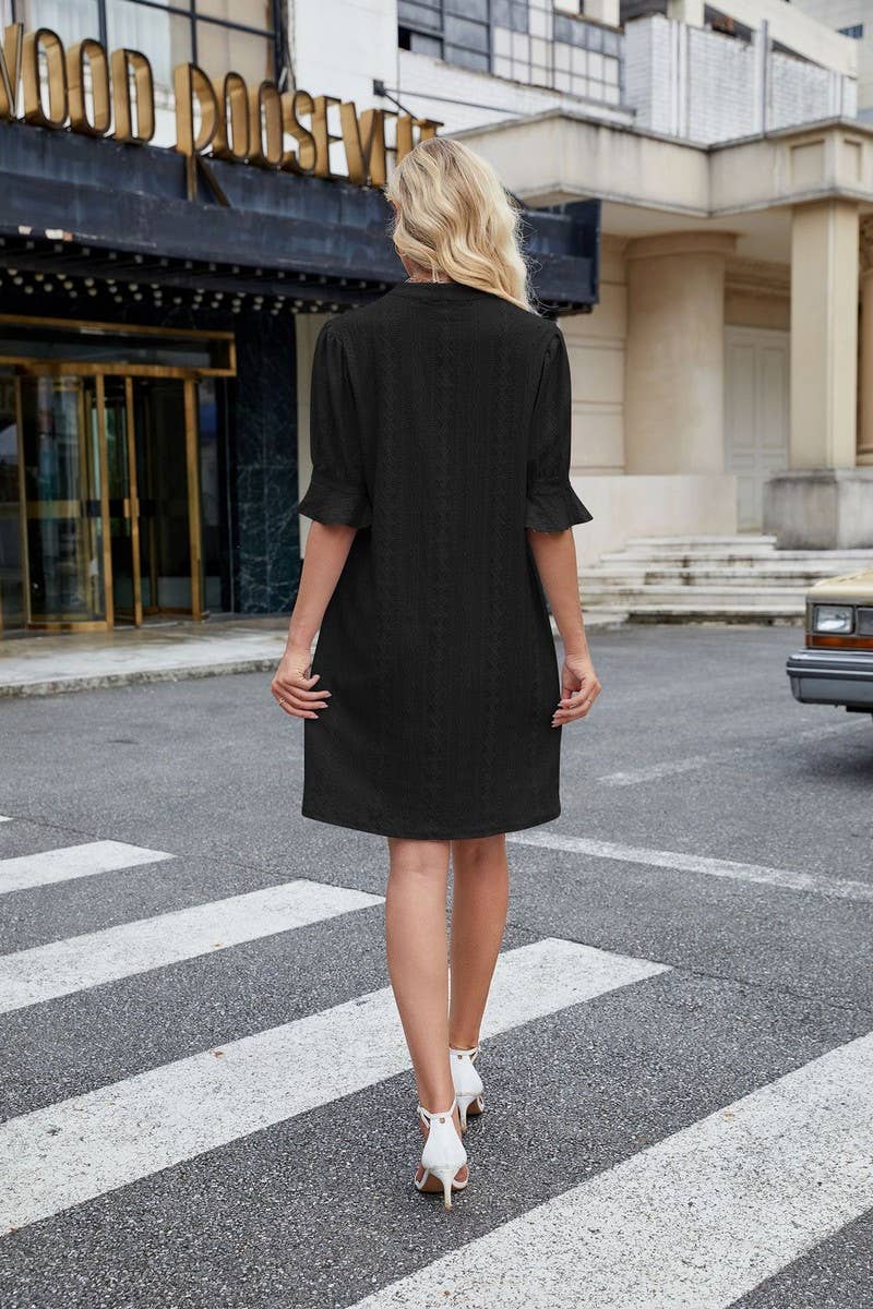 CWDSD7277_V-NECK CASUAL TRUMPET SLEEVE SHORT-SLEEVED DRESS