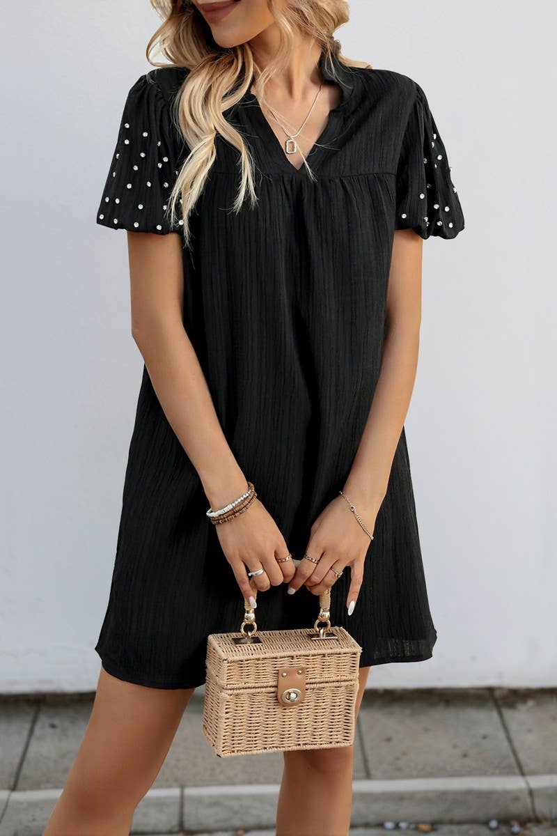 CWDSD7826_BLACK BEADED LANTERN SLEEVE LOOSE SHIFT DRESS