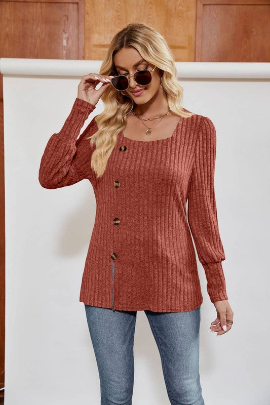 CWTBLL4014_RIBBED SQUARE NECK PUFF SLEEVE SPLIT HEM TOP
