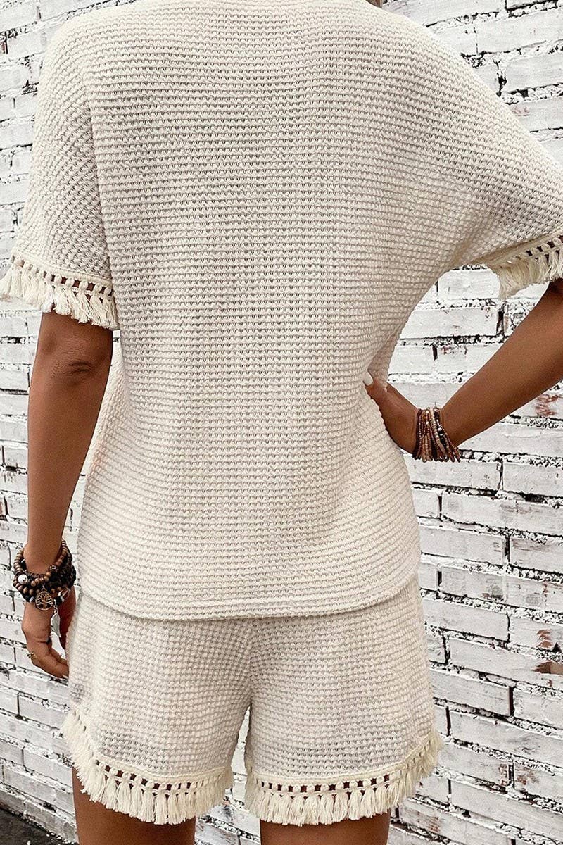 CWSS1100_SUMMER SOLID COLOR SIMPLE TASSEL TWO-PIECE SUIT