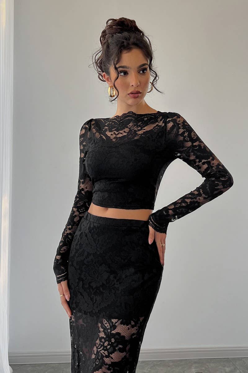 CWSTB1963_LACE JACQUARD SHEER TWO PIECE SKIRT SET