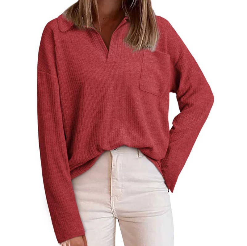 CASUAL BAGGY SOLID COLOR LAPEL POCKET SWEATER