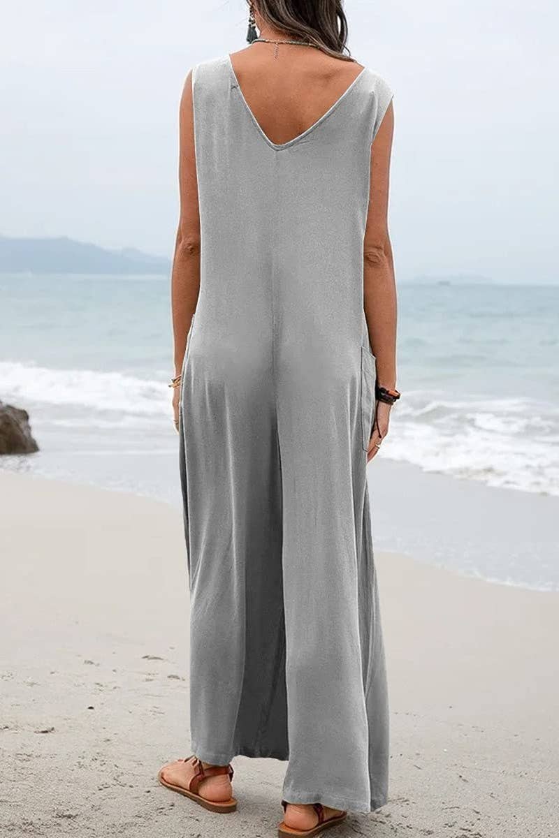 CWSJS1433_SOLID COLOR LOOSE POCKET SLEEVELESS JUMPSUIT