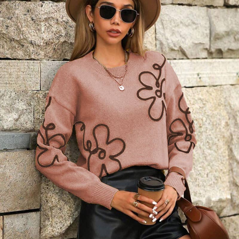 Flower-patterned round-neck knitted sweater