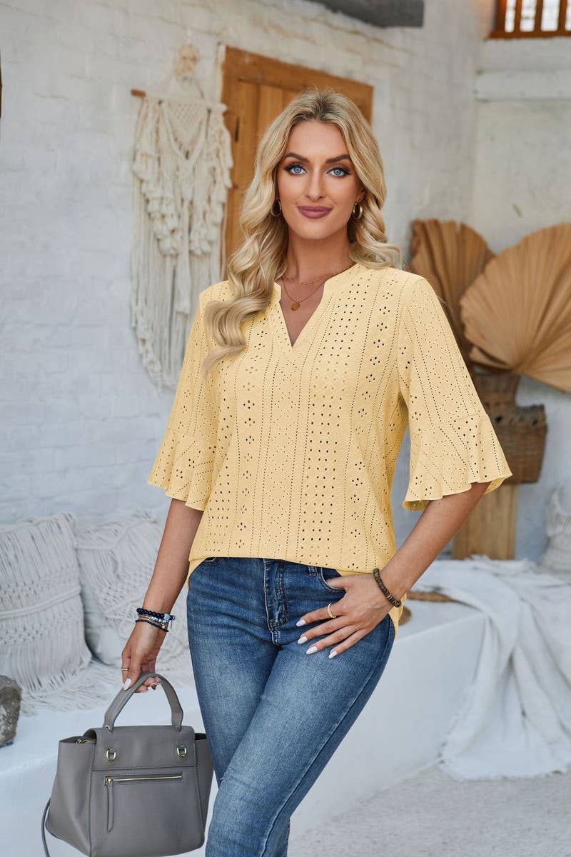 CWTTS00711_LOOSE V-NECK THREE-QUARTER SLEEVE TOP