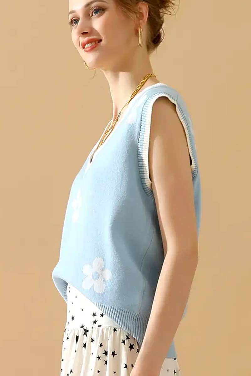 CWTBLS1762_SPRING AND SUMMER V-NECK SLEEVELESS FLORAL VEST