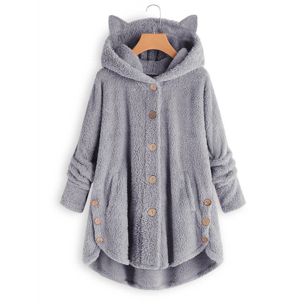 BUTTON-UP HOODED CAT EARS PLUSH SOLID COAT