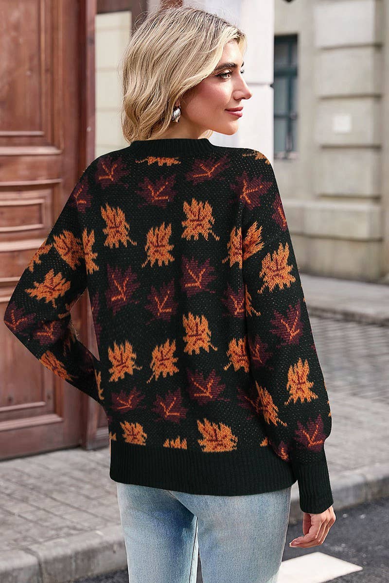 CWOSWL07299_CASUAL CREWNECK JACQUARD KNIT SWEATER WITH LEAF