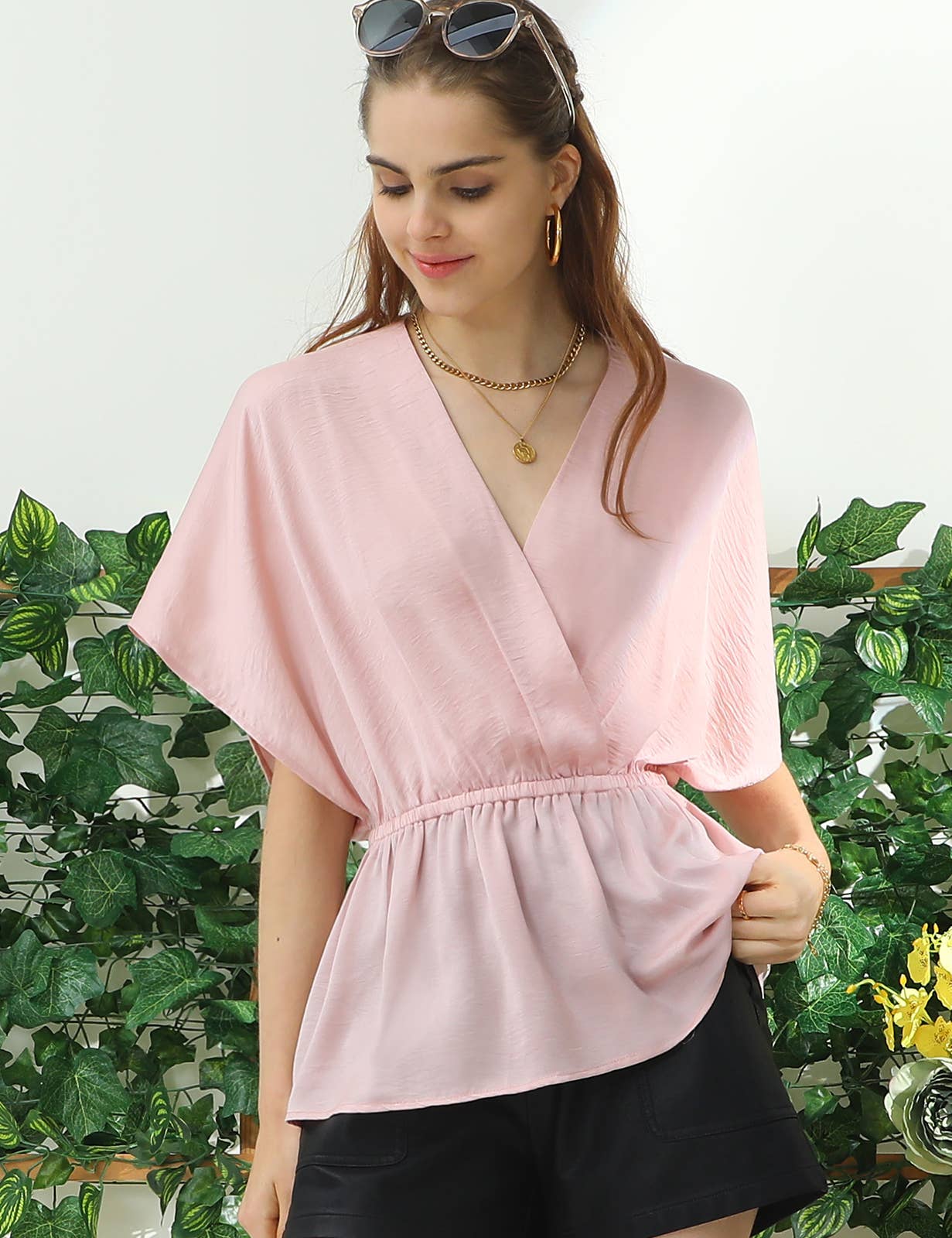 CWTBLS205_V NECK BATWING SLEEVE SLIK BLOUSE TOP