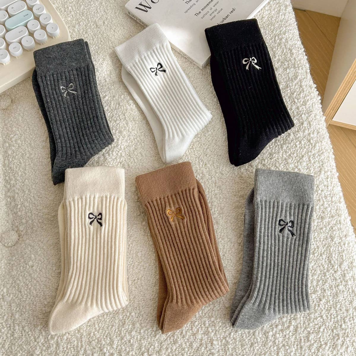 Bow Embroidered Crew Socks ?“Cute, Stylish for Women_CWMS0949