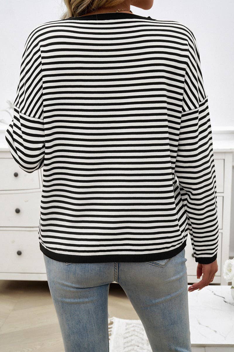 CWOSWL2129_CASUAL ROUND NECK STRIPED KNITTED SWEATER