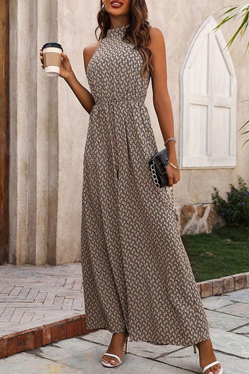 CWSJS1520_ELASTIC WAIST HIGH COLLAR HALTER JUMPSUIT