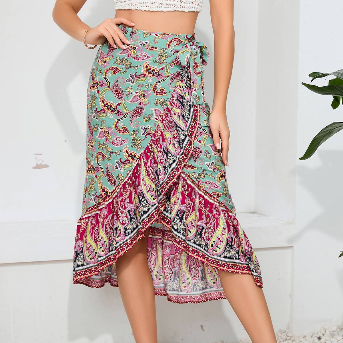 Bohemian print lace-up irregular split skirt