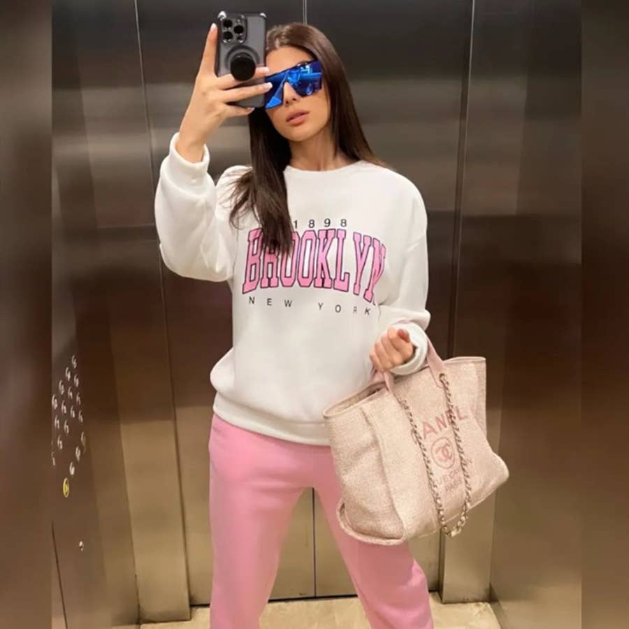 Brooklyn printed loose off-the-shoulder hoodie