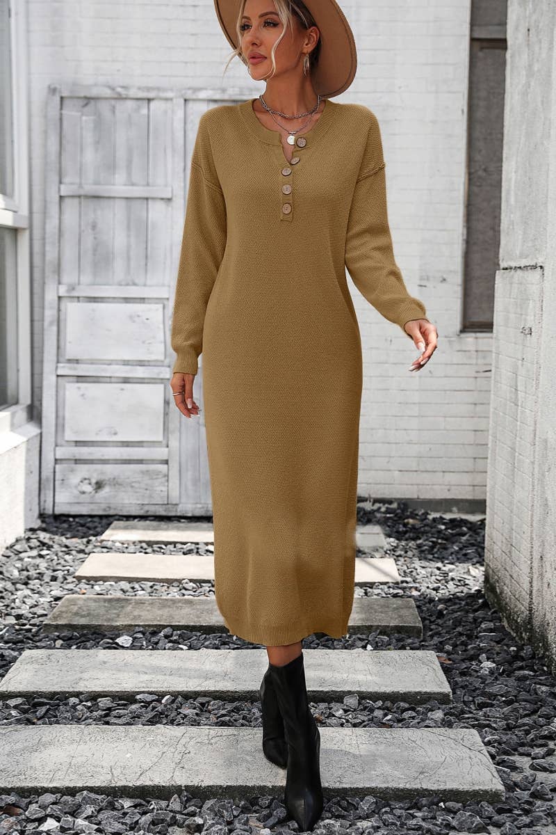 CWDMD538  Long Sleeve Loose V-Neck Button Tops Long Sweater