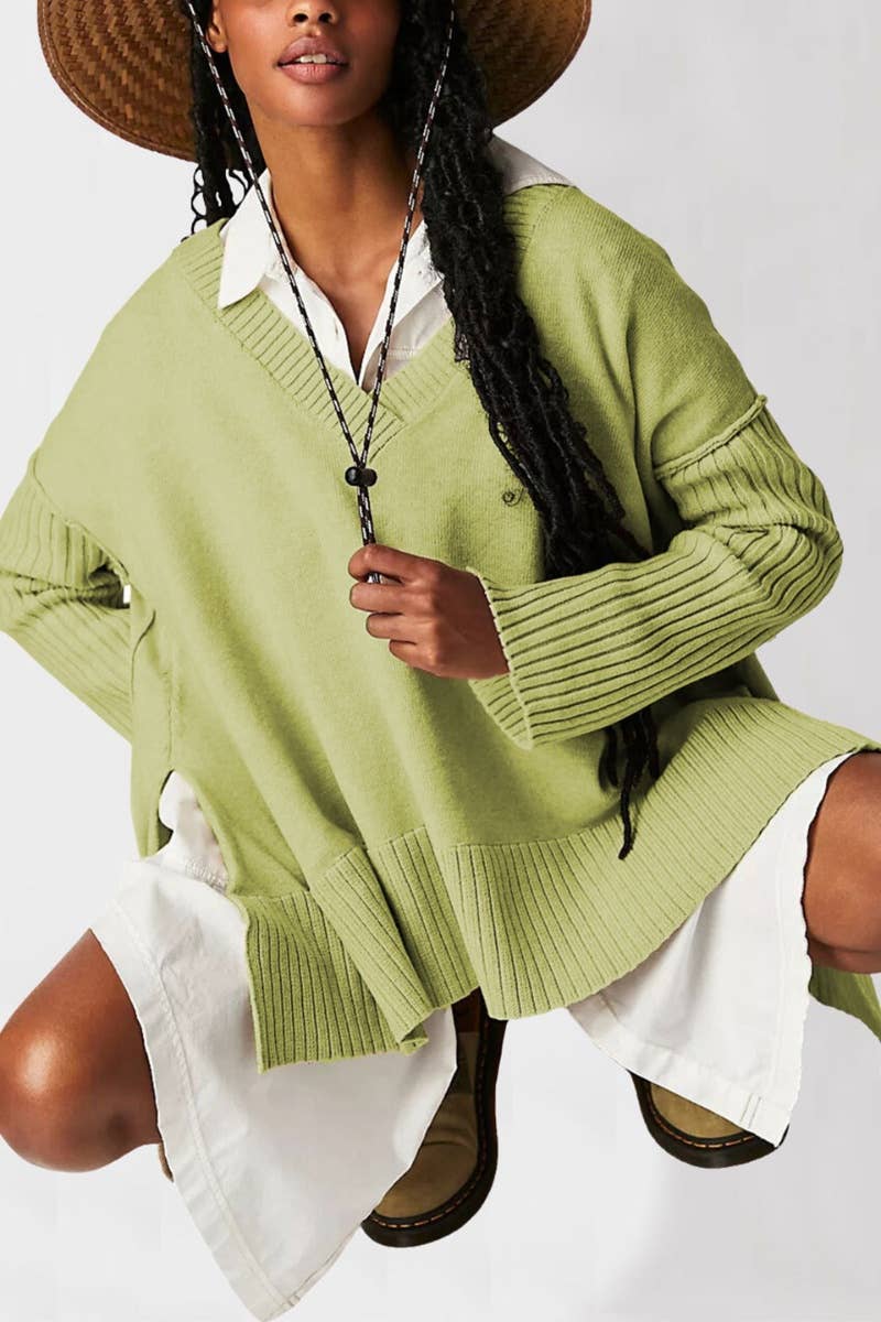 CWOSWL5822_V-NECK LONG SLEEVE SWEATER WITH IRREGULAR SPLIT