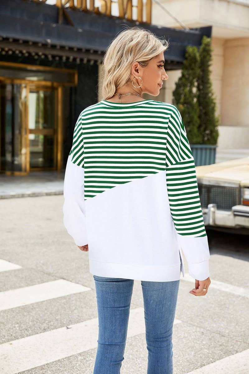 CWTBLL2368_ROUND NECK SLIT CONTRAST STRIPE SWEATSHIRT