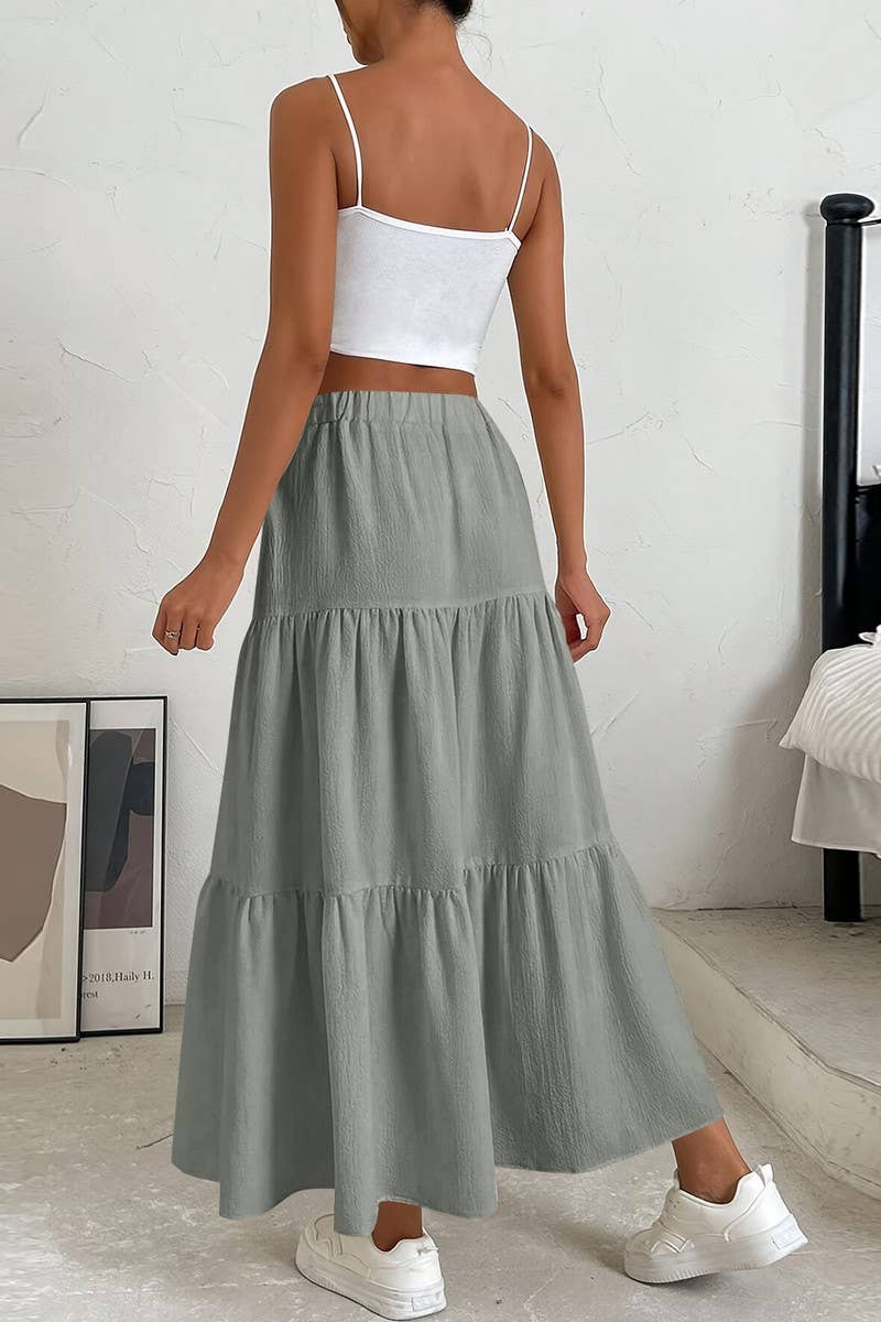 CWBLS0559_BOW WAIST TIERED SOLID MIDI SKIRT