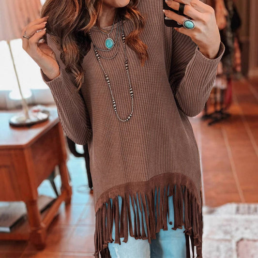 DESIGN SENSE FRINGE HEM SOLID COLOR KNITWEAR
