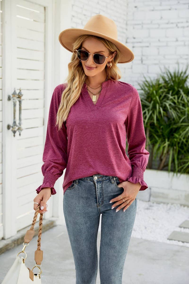 CWTBLL2406_V-NECK SOLID COLOR LOTUS LEAF SLEEVE LOOSE TOP