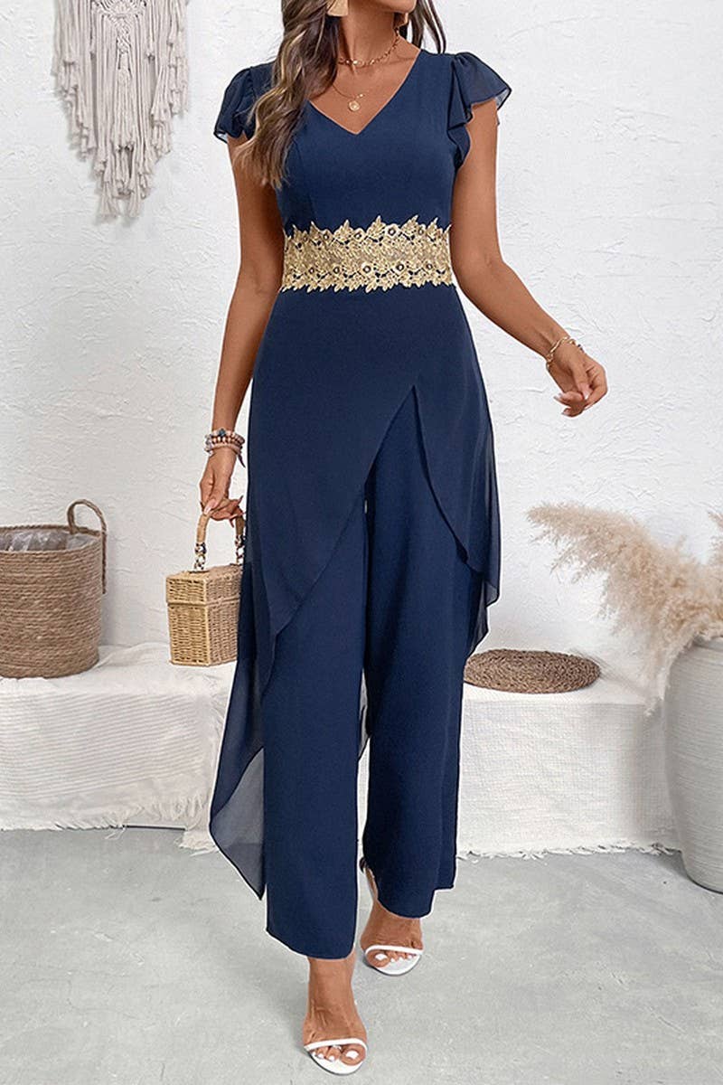 CWSJS1760_SOLID LACE TRIM V-NECK SHORT SLEEVE JUMPSUIT