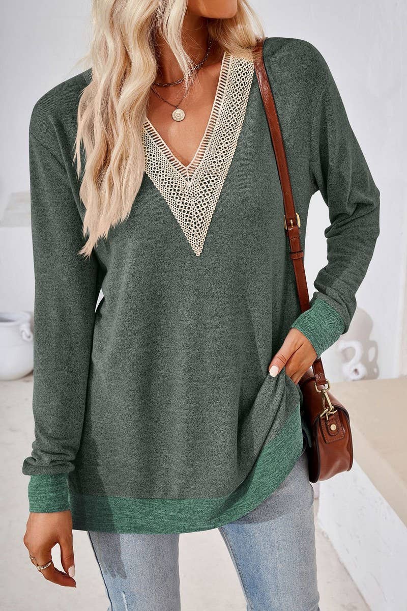 CWTBLL3660_AUTUMN NEW V-NECK LACE SOLID COLOR LOOSE T-SHIRT