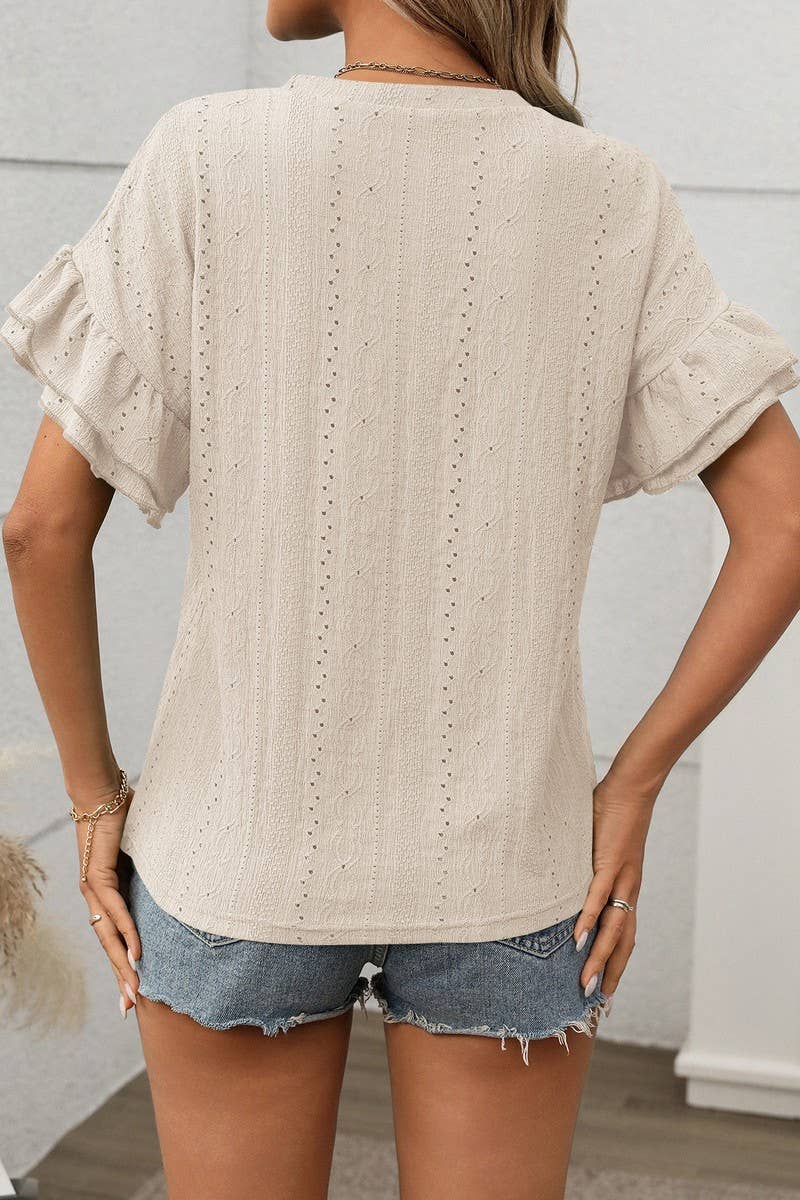 CWTBLS1719_ROUND NECK RUFFLE SLEEVE SHORT SLEEVE T-SHIRT TOP