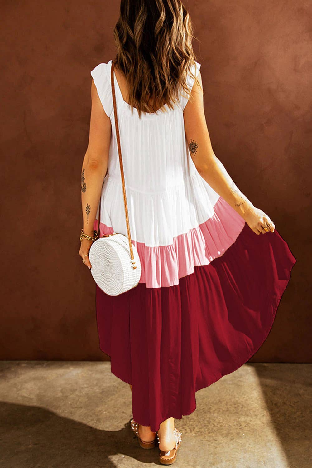 Bohemian-style two-tone square neck halter dress