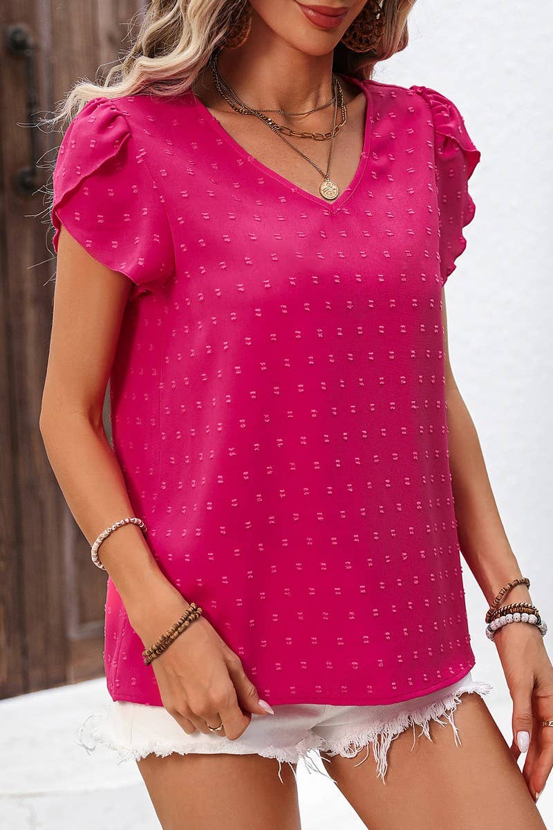 CWTBLS2023_WRINKLE POM-POM RUFFLE V-NECK PULLOVER SHIRT