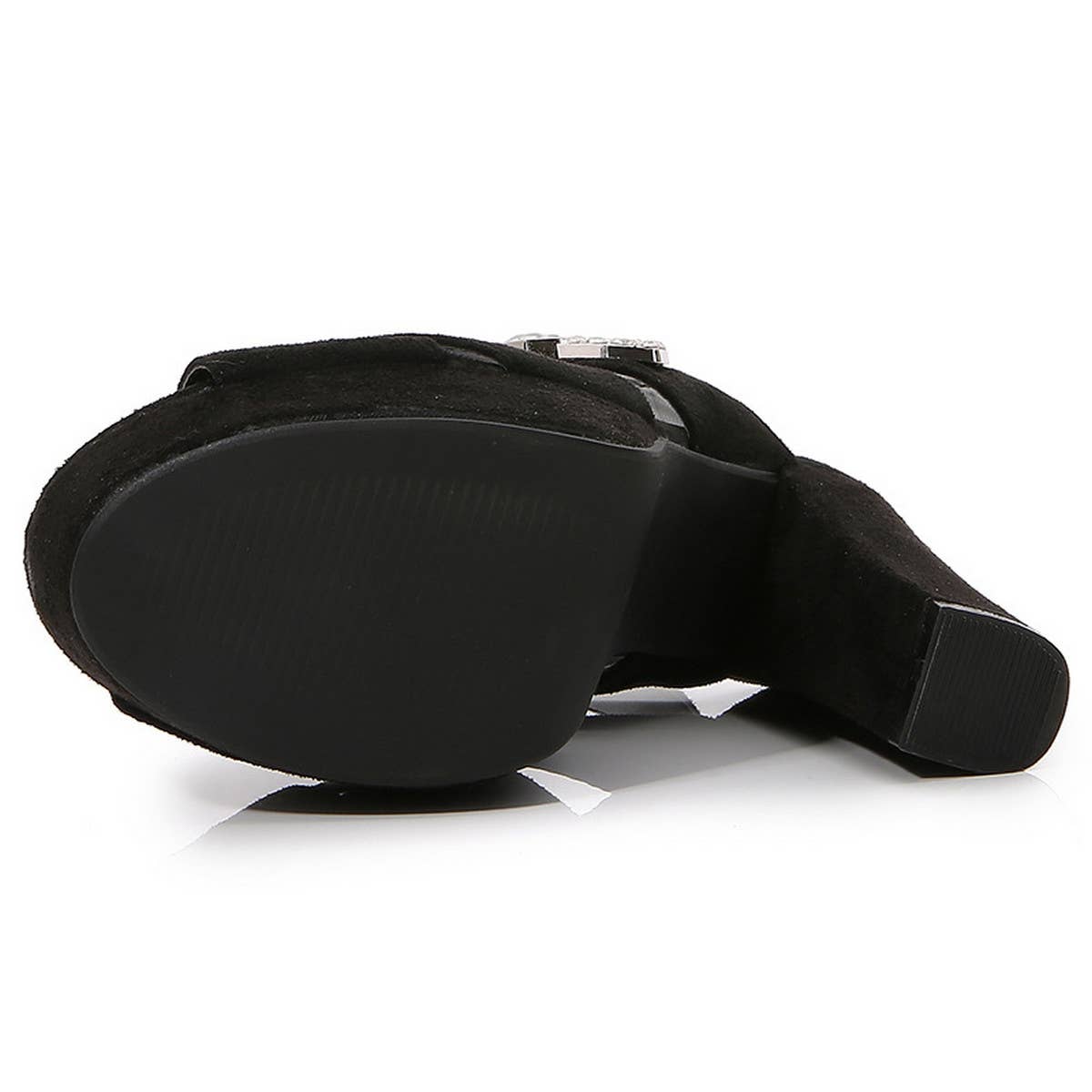 BLACK BUCKLE OPEN TOE CHUNKY HIGH HEELS_CWSHH0131