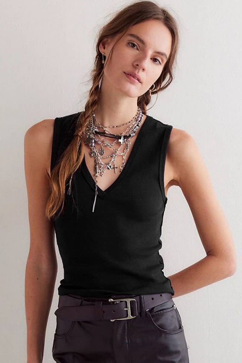 CWTTSL0460_V-NECK SOLID COLOR SLEEVELESS RIBBED ALL-MATCH VE