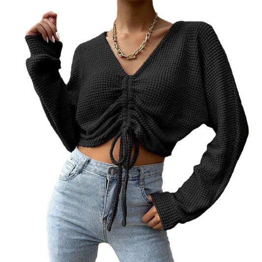 DRAWSTRING BIG V-NECK MIDRIFF INDIVIDUAL KNITWEAR
