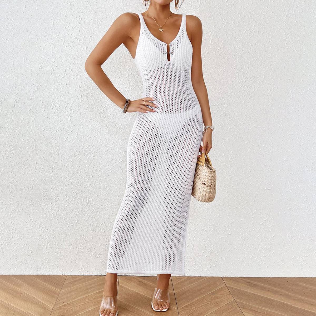 Cut-out texture V-neck sleeveless holiday dress