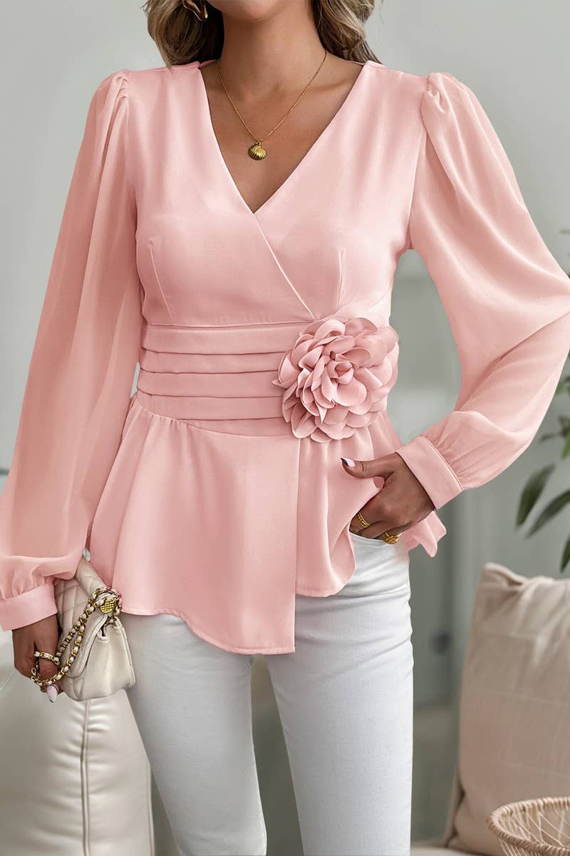 CWTBLL4075_WAIST CINCH V-NECK 3D FLORAL SHIRT BLOUSE