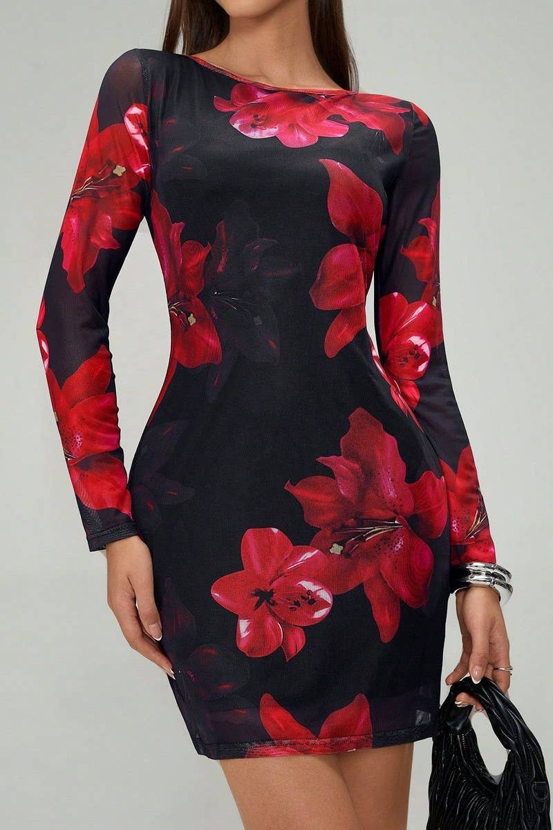 CWDSD8277_FLORAL PRINT MESH FITTED LONG SLEEVE DRESS