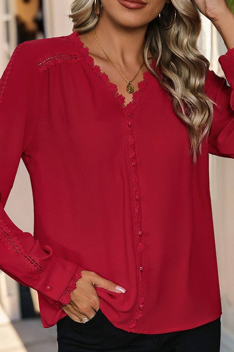 CWTBLL1222_V-NECK CASUAL LONG-SLEEVED RED SHIRT